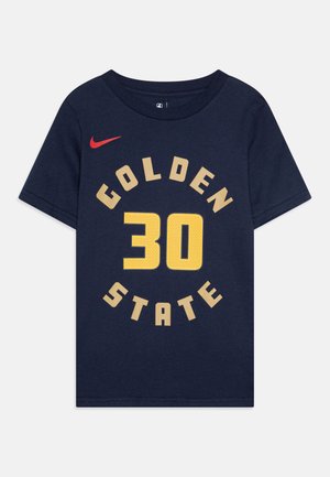 T-shirt en coton marine avec un graphique rond portant "GOLDEN STATE" en jaune et "30" dans un style texturé, accentué par un logo Nike rouge.