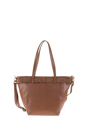 Borsa tote in pelle marrone con doppi manici, dettaglio a fibbia sul davanti e tracolla staccabile. Finitura testurizzata e dettaglio del logo.