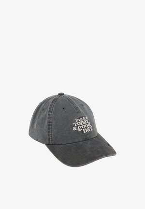 Dunkelgraue Baseballkappe mit weißem, gesticktem Text "make TODAY a good DAY" auf der Vorderseite.