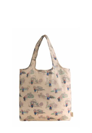 Beige tote bag with double handles, featuring multicolor illustrations of a bear in a blue coat and red hat in urban scenes with buses, buildings, and trees.