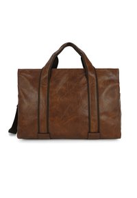 Bruine leren tote bag met een gestructureerd oppervlak, dubbele handvatten bovenaan en een verstelbare schouderriem, met een eenvoudig, rechthoekig ontwerp.