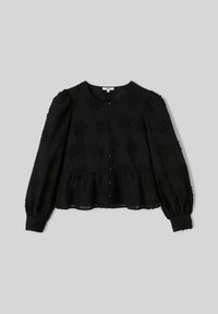 Blouse noire à manches longues bouffantes, tissu texturé, encolure ronde, boutons sur le devant et broderie florale sur toute la surface. Détail bas évasé cintré.