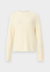 Cream-colored knit sweater with long sleeves, ribbed cuffs, and a crew neckline on a light gray background.
