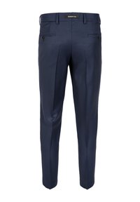 Marineblaue, maßgeschneiderte Hose aus glattem Stoff, mit zwei Gesäßtaschen mit Knopfverschluss und einem flachen Frontdesign.