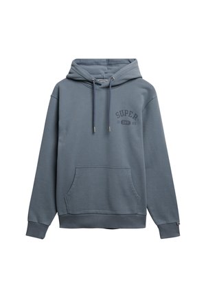 Felpa con cappuccio grigia realizzata in misto cotone. Presenta una tasca frontale a marsupio, cordini e un logo stampato di colore blu scuro. Tessuto morbido.