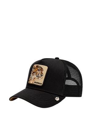 Sort mesh baseballkasket med et broderet mærke af et gepardhoved og ordet "WARRIOR" på frontpanelet.