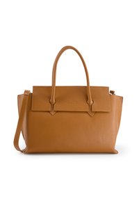 Brun læderhandbag med to top hanke og en aftagelig skulderrem. Har et struktureret design og en klaplukning foran.