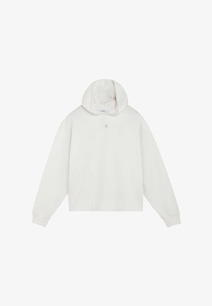 Sudadera blanca con capucha, mangas largas y pequeño logo de calavera centrado debajo del cuello, mostrada sobre un fondo liso.