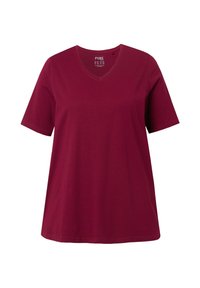Bordeaux katoenen V-hals T-shirt met korte mouwen, ontspannen pasvorm en een gladde textuur; geen zichtbare patronen of accenten.