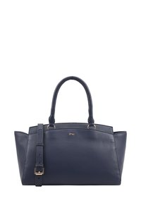 Marine lederen handtas met dubbele handvaten en een afneembare schouderband. Kenmerkt zich door een gestructureerde vorm, goudkleurige hardware en subtiele merklogo-details.