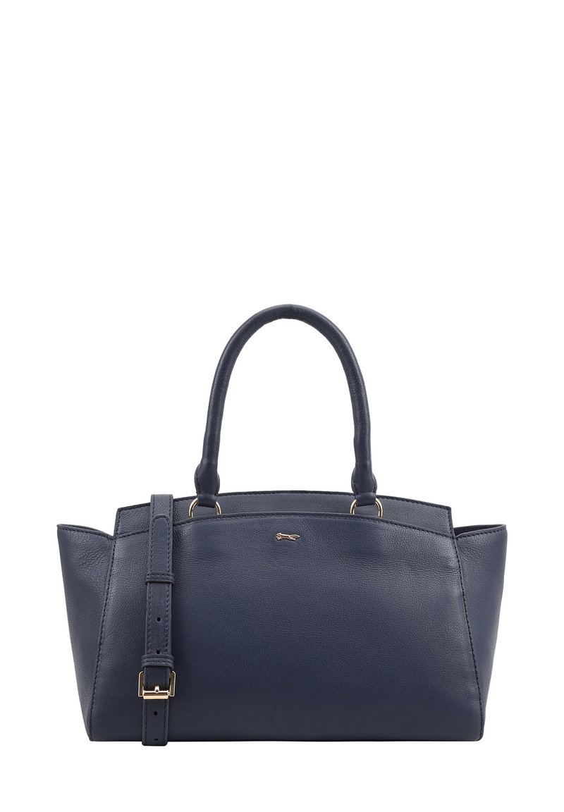 Marine lederen handtas met dubbele handvaten en een afneembare schouderband. Kenmerkt zich door een gestructureerde vorm, goudkleurige hardware en subtiele merklogo-details.