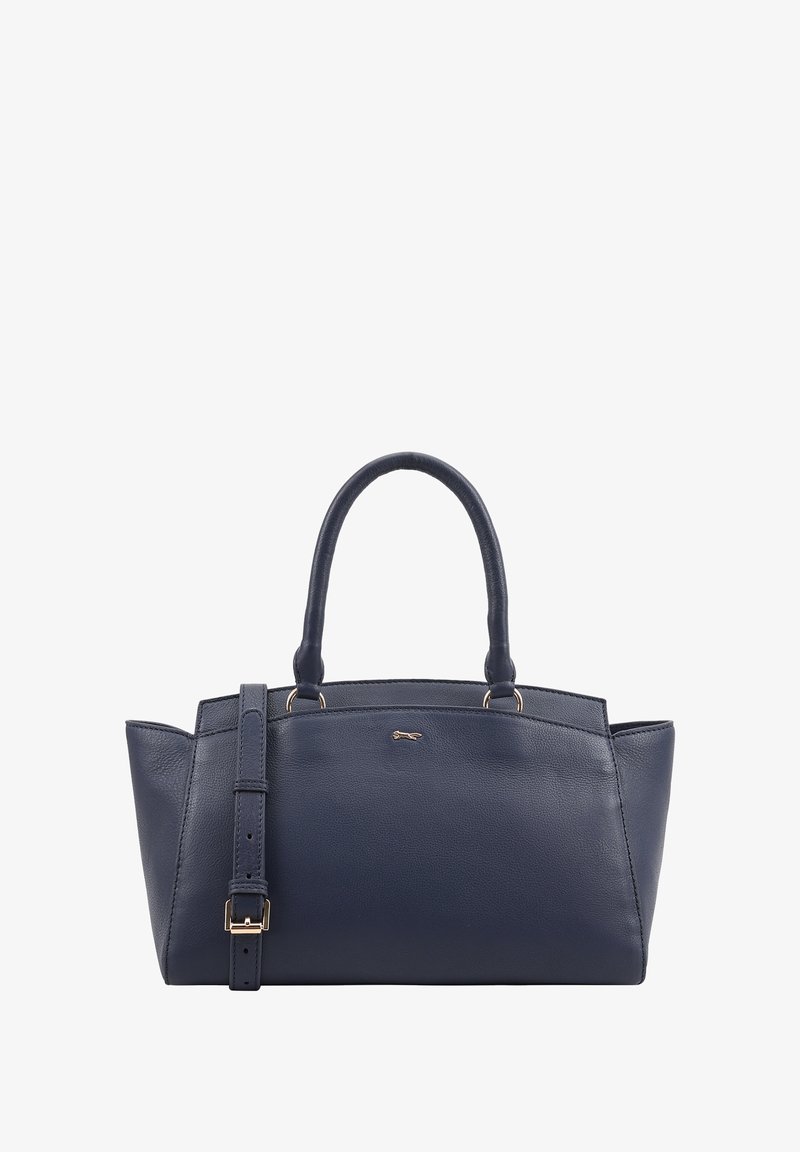 Marine lederen handtas met dubbele handvaten en een afneembare schouderband. Kenmerkt zich door een gestructureerde vorm, goudkleurige hardware en subtiele merklogo-details.