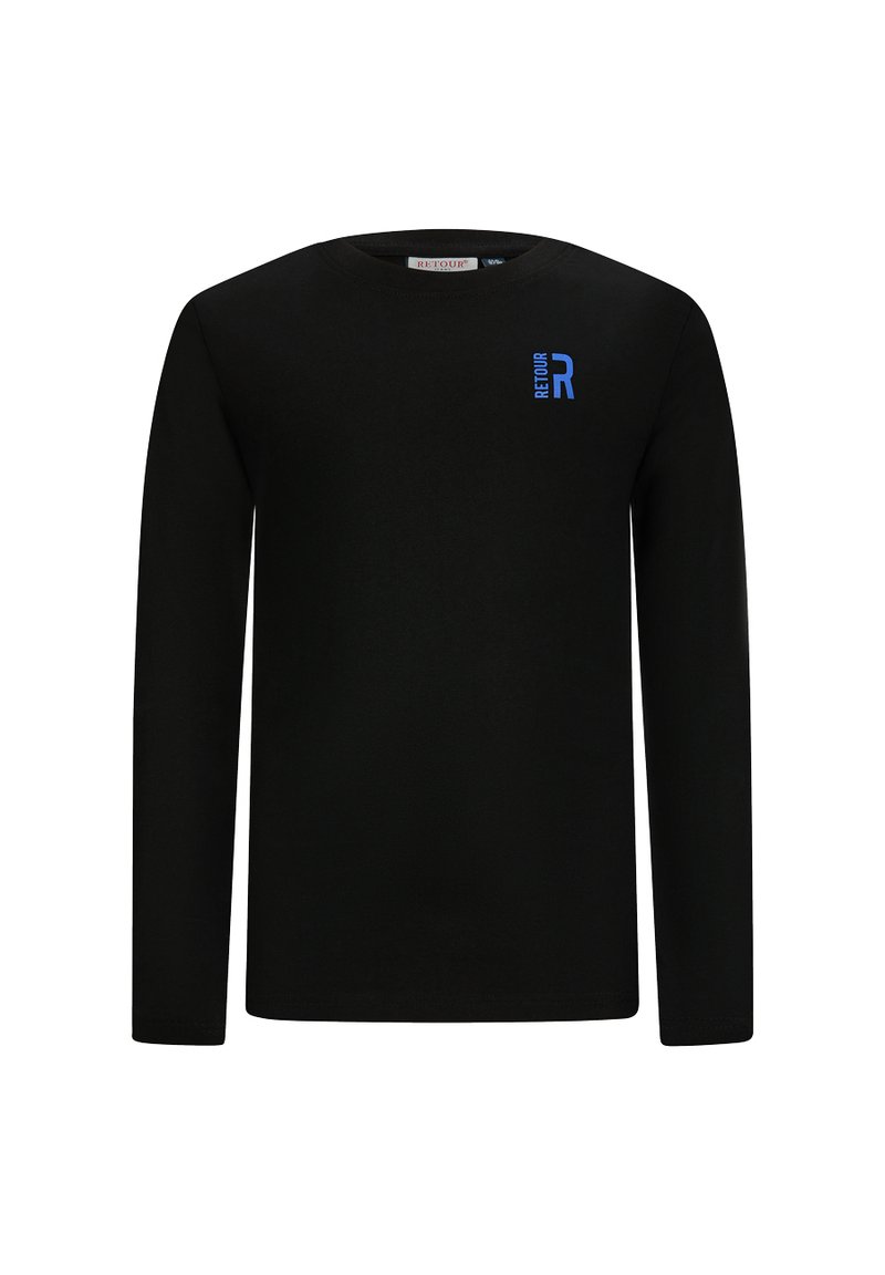 Czarna longsleeve z bawełny, z okrągłym dekoltem i małym niebieskim logo "RET" na piersi. Prosty, klasyczny design.