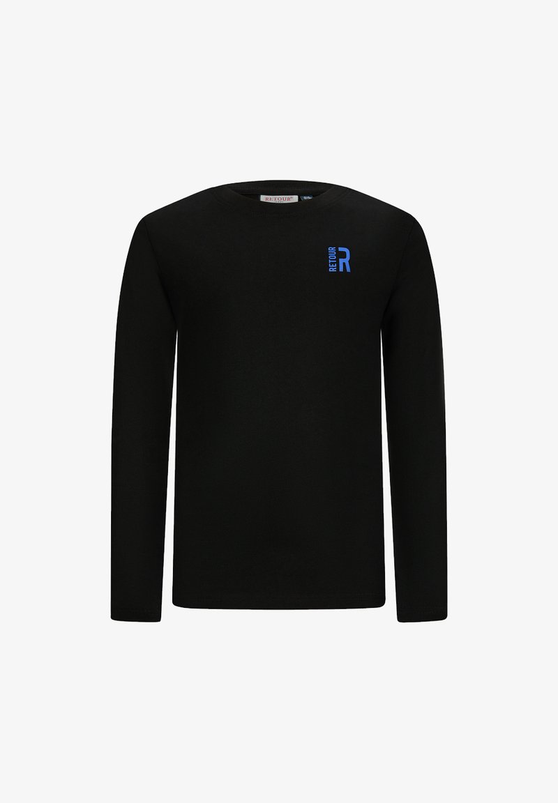 Schwarzes Langarm-T-Shirt aus Baumwolle mit Rundhalsausschnitt und einem kleinen blauen "RET"-Logo auf der Brust. Einfaches, klassisches Design.