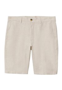 Beige pellava-shortsit, joissa on tasainen etuosa, kaksi sivutaskua, yksittäinen nappikiinnitys ja rento istuvuus. Suora pinta, jossa on minimaalinen yksityiskohtaisuus.