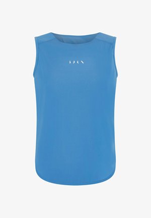 Mouwloos blauw topje van gladde stof, met een ronde halslijn en een gebogen zoom. Kleine witte details op de borst.