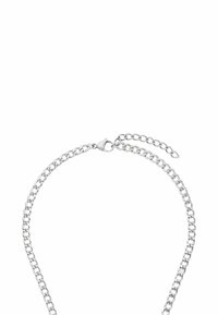 Collana in metallo argentato con anelli intrecciati, dotata di chiusura a gancio e lunghezza regolabile dall'estremità della catena.