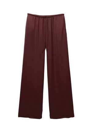 Pantaloni bordeaux cu croi larg, confecționați dintr-un material neted, având un brâu elastic cu șnur, concepuți pentru confort și ușurință la purtare.