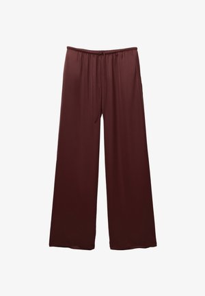 Burgundské široké kalhoty vyrobené z hladké tkaniny, s elastickým pasem a tkanicí, navržené pro pohodlí a snadné nošení.