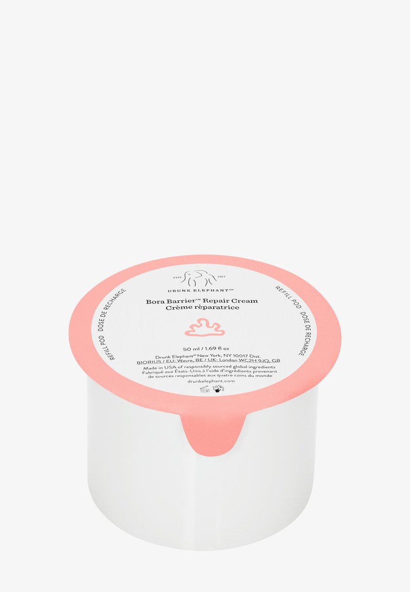 Conteneur blanc avec un couvercle rose, étiqueté "Crème de Réparation Bora Barrier" en plusieurs langues. Contient 50 ml, mettant l'accent sur les soins de la peau.
