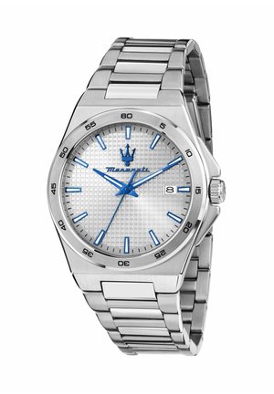 Orologio da polso Maserati in argento con indicatori delle ore e lancette blu, quadrante texturizzato, datario e bracciale a maglie in acciaio inox.