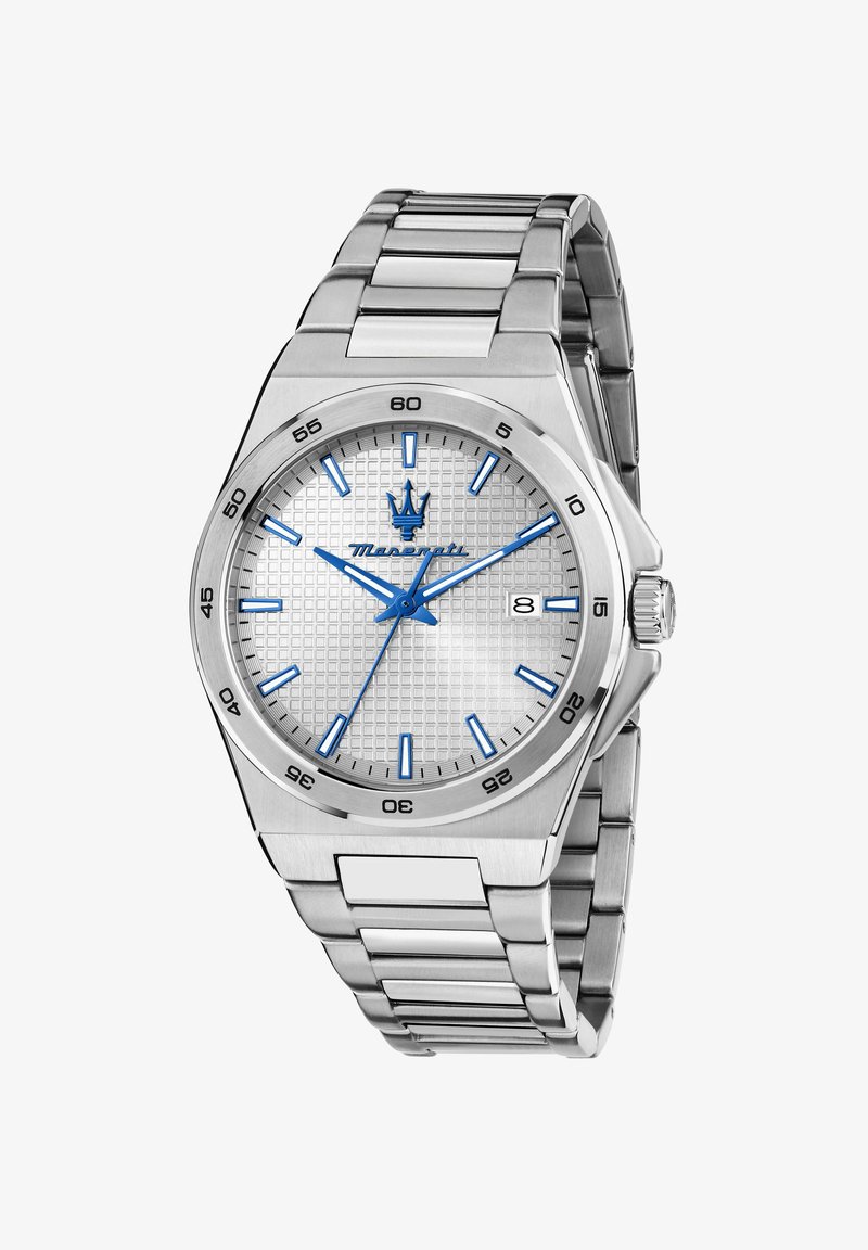 Silberne Maserati-Armbanduhr mit blauen Stundenmarkierungen und Zeigern, strukturiertem Zifferblatt, Datumsanzeige und Edelstahl-Gliederarmband.