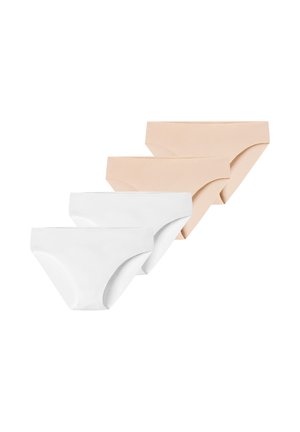 Cztery bezszwowe damskie majtki w kolorze beżowym i białym, ułożone w dwóch rzędach na białym tle.