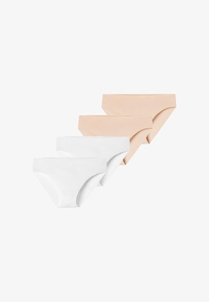 Quatre culottes sans couture pour femmes en beige et blanc, disposées en deux rangées sur un fond blanc.