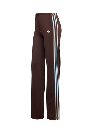 Pantaloni sportivi marroni con strisce blu sui lati e vita con coulisse. Realizzati in un tessuto morbido e liscio, con una vestibilità comoda.