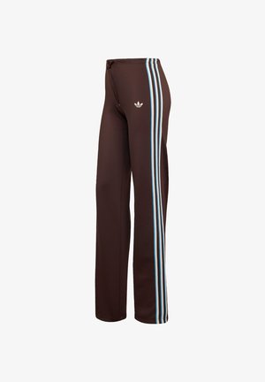Brown athletic pants featuring blue stripes down the sides and a drawstring waist. Made from a soft, smooth fabric with a relaxed fit.