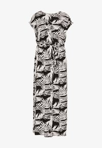 Sort og hvidt maxi-kjole med tropisk bladprint, korte ærmer og et bundet taljebælte, præsenteret mod en ensfarvet baggrund.