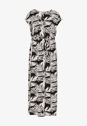 Schwarzes und weißes Maxikleid mit tropischem Blattmuster, kurzen Ärmeln und einem gebundenen Taillengürtel, vor einem einfachen Hintergrund präsentiert.