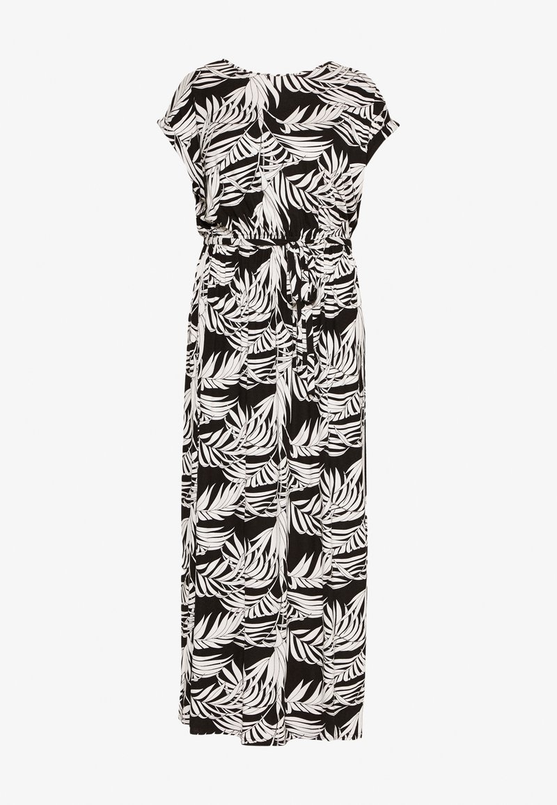 Sort og hvidt maxi-kjole med tropisk bladprint, korte ærmer og et bundet taljebælte, præsenteret mod en ensfarvet baggrund.