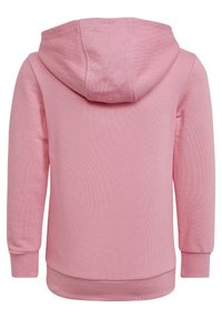 Felpa con cappuccio rosa realizzata in un tessuto strutturato, con polsini e orlo a costine. Presenta un cappuccio centrale e un design semplice, dritto.