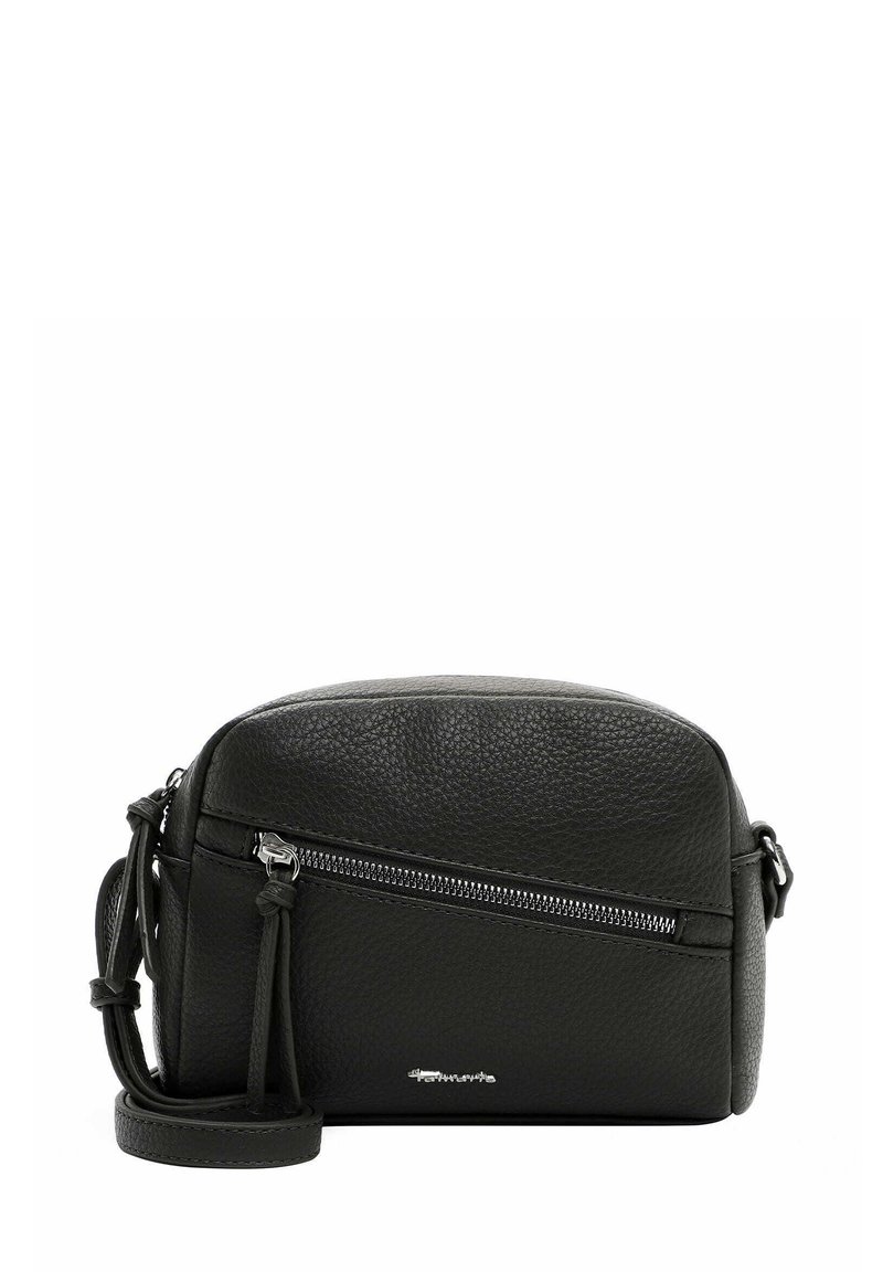 Black leather crossbody bag with a pebbled texture. Features a zippered compartment, adjustable strap, and sleek curved design.