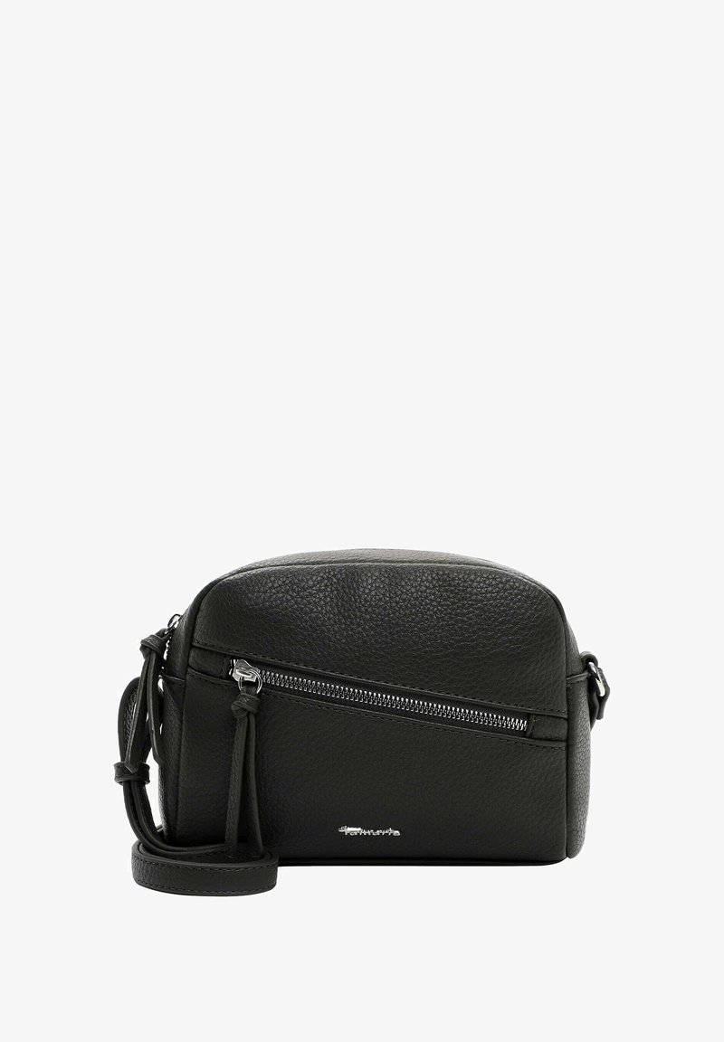 Borsa a tracolla nera in pelle con una texture a granuli. Caratterizzata da un compartimento con zip, una tracolla regolabile e un design curvo e sofisticato.