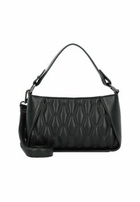 Bolso de mano negro con un patrón hexagonal texturizado, que presenta un asa superior curvada y una correa de hombro desmontable. Fabricado en material sintético suave.