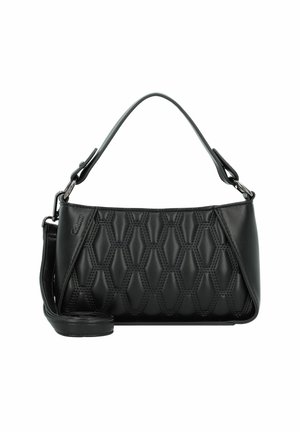 Sac à main noir avec un motif hexagonal texturé, doté d'une poignée supérieure incurvée et d'une bandoulière amovible. Fabriqué en matériau synthétique lisse.