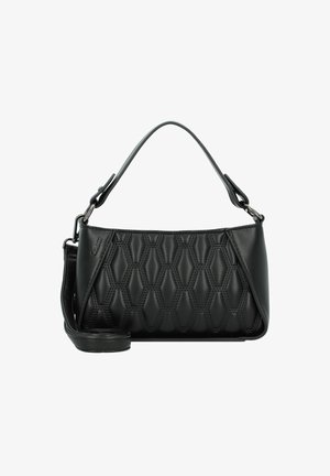 Sac à main noir avec un motif hexagonal texturé, doté d'une poignée supérieure incurvée et d'une bandoulière amovible. Fabriqué en matériau synthétique lisse.