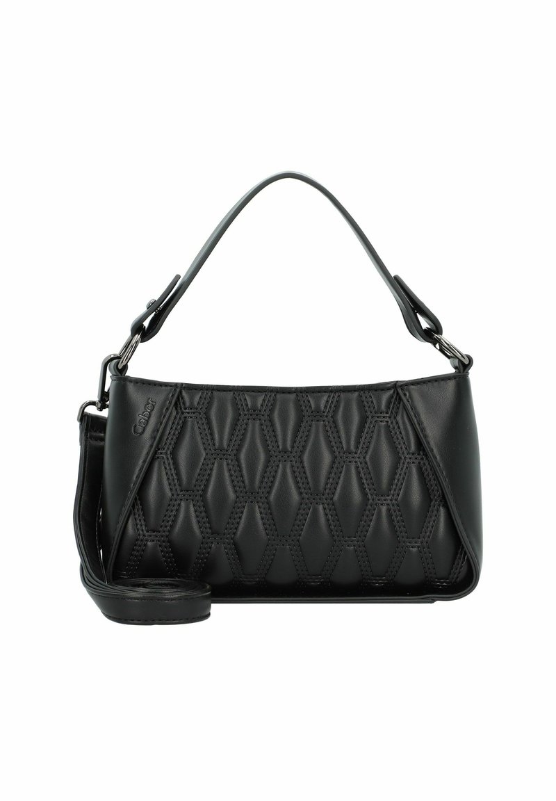 Bolso de mano negro con un patrón hexagonal texturizado, que presenta un asa superior curvada y una correa de hombro desmontable. Fabricado en material sintético suave.