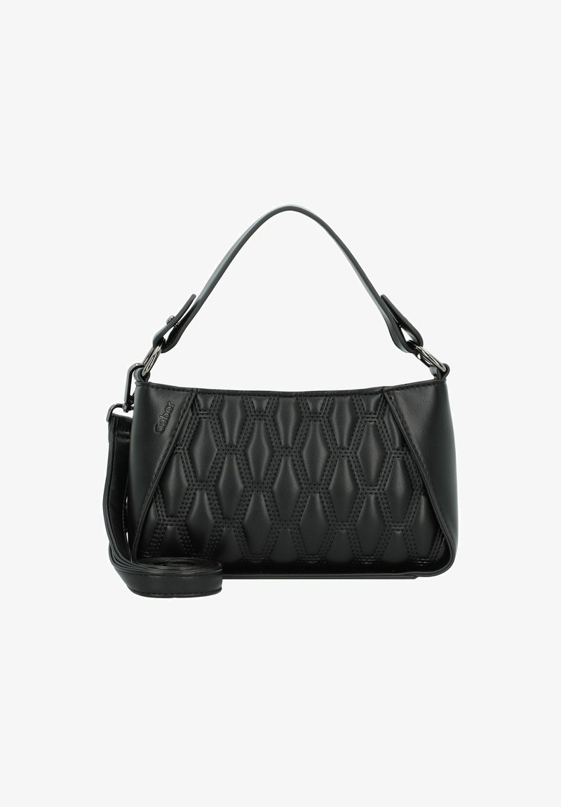 Bolso de mano negro con un patrón hexagonal texturizado, que presenta un asa superior curvada y una correa de hombro desmontable. Fabricado en material sintético suave.
