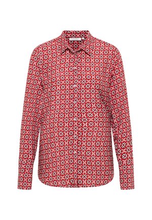 Rode button-up shirt met een bloemenpatroon en witte accenten, lange mouwen en een klassieke kraag. Zachte stoftextuur.