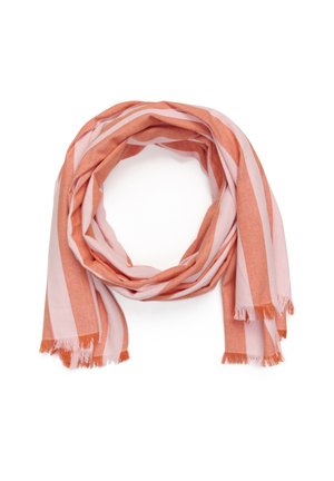 Striped scarf featuring orange and light pink colors, made of lightweight fabric, with fringed edges and a soft texture.