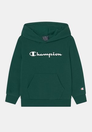 Felpa con cappuccio verde scuro, dotata di tasca a marsupio frontale e logo "Champion" bianco sul petto insieme a un piccolo logo su manica sinistra.