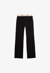 Pantalones de pierna ancha negros con una cinturilla de color crema, que presentan dos botones negros en la parte delantera y una textura suave y ligera.