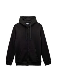 Sort zip-up hættejakke med frontlommer, snoretræk i hætten og ribbede manschetter og bund, præsenteret på en hvid baggrund.