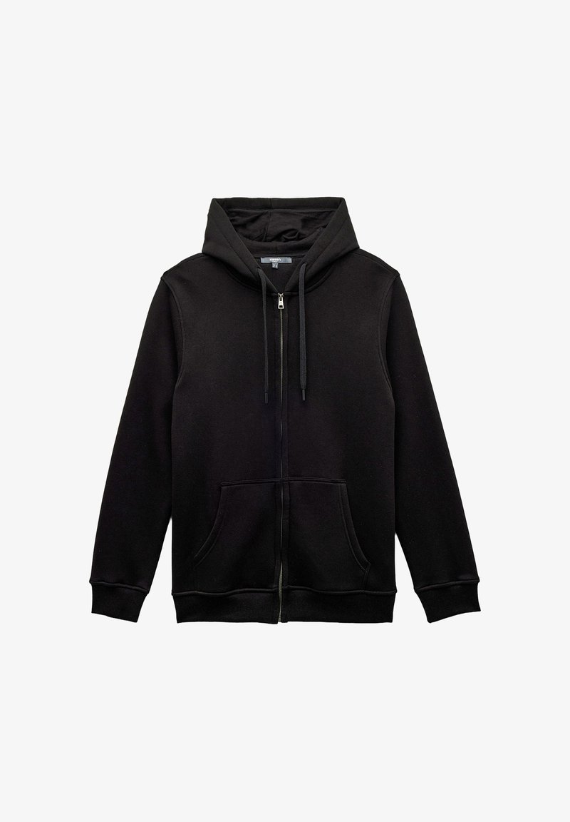 Sudadera con cremallera negra, con bolsillos frontales, capucha con cordón y puños y dobladillo de canalé, exhibida sobre un fondo blanco.