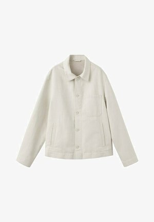 Light beige button-up jacket with a collar, long sleeves, one chest pocket, and two side pockets, displayed on a white background.
