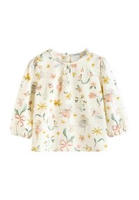 Langärmlige Bluse aus cremefarbenem Stoff, mit einem floralen Design in Pastellfarben, elastischen Bündchen und einer Knopfverschluss auf der Rückseite.
