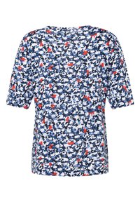 Kurzarmbluse in navy mit mehrfarbigem Blumenmuster in Rot-, Weiß- und Blautönen. Weiches Material und lockere Passform.